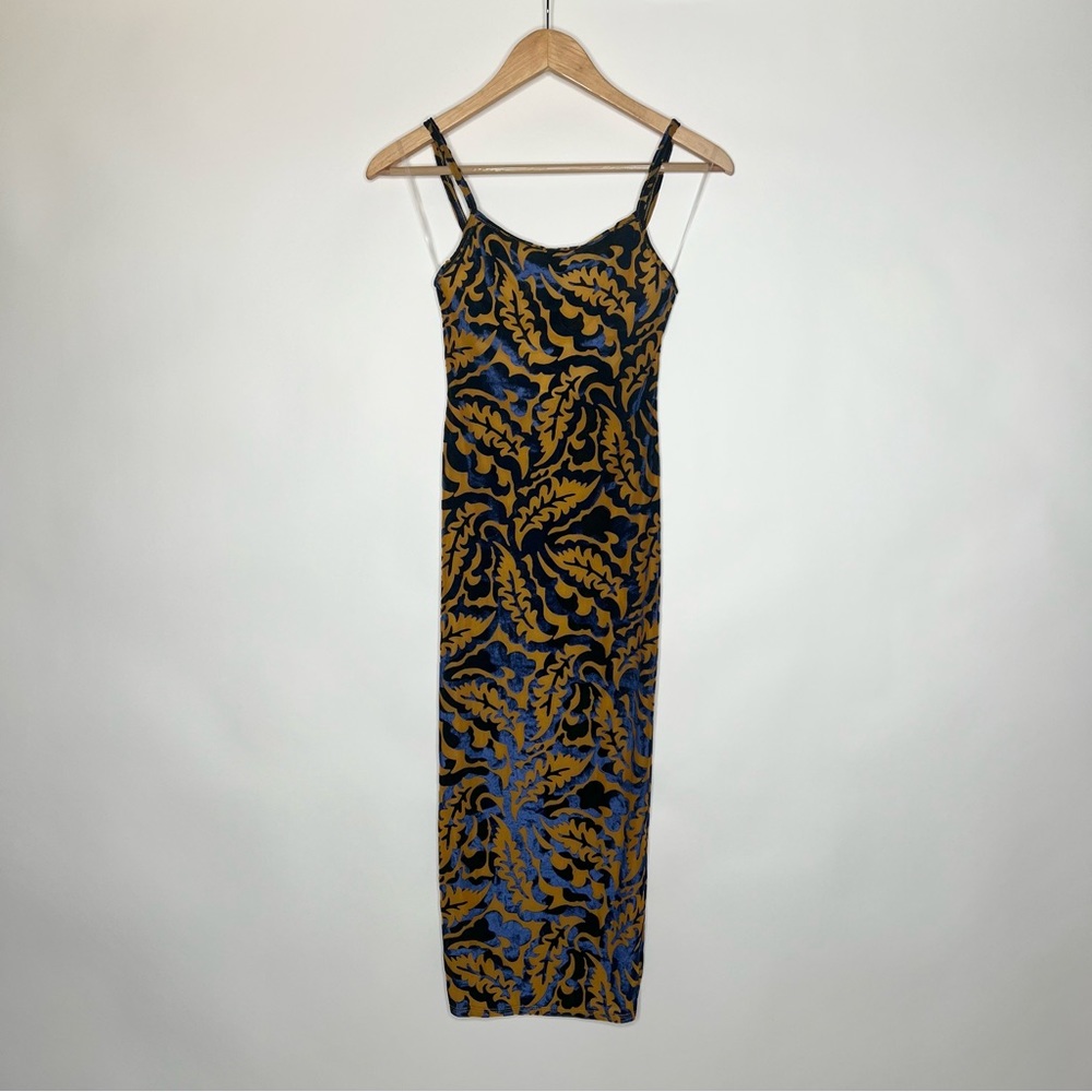 NWOT MAGIA MAXI DRESS SPAGHETTI STRAP SMALL LEAF PATTERN MADE IN USA